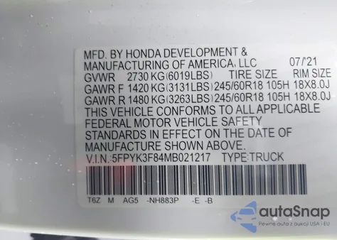 2021 Honda Ridgeline Black Edition из США, поврежденный, VIN 5FPYK3F84MB021217